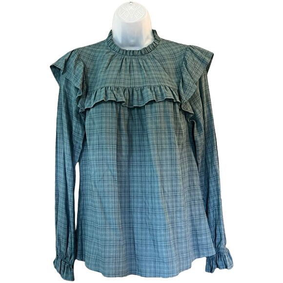 Universal Threads Green/Blue Plaid Ruffled Shirt Sz Small Prairie Cottagecore - Picture 2 of 14